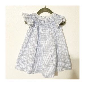Anavini Hand Smocked Dress with Blue Floral Design Rosettes Bishop Embroidered